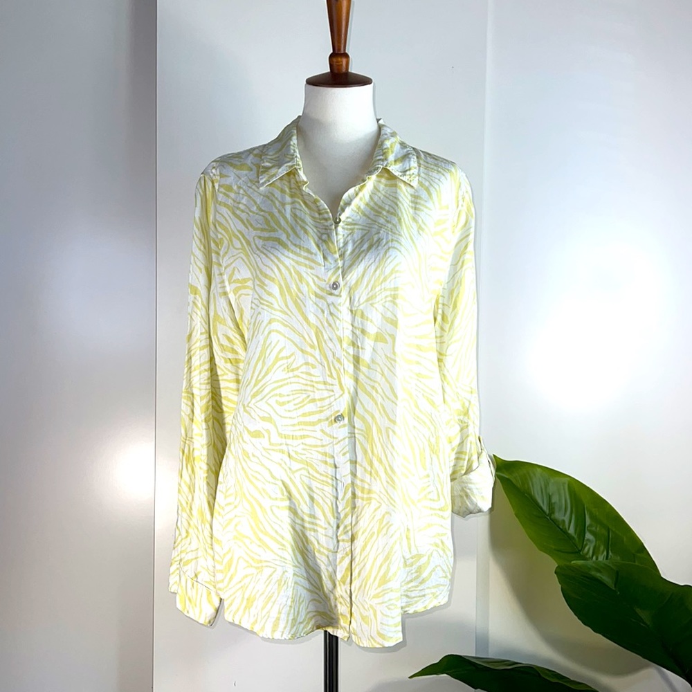 CYNTHIA ROWLEY linen yellow green zebra print button down shirt